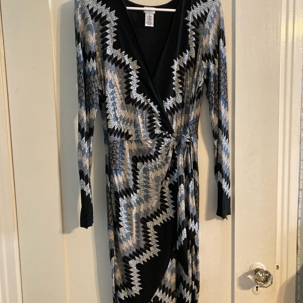 Cache Black and Blue Zigzag Long Sleeve Dress